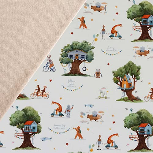 Stoffpaket 0,5 x 1,5 m Motiv-Jersey und 0,5 x 0,7 m Bündchen uni Nähpaket f. Kinderkleidung, Motiv:Baumhaus | hellapricot