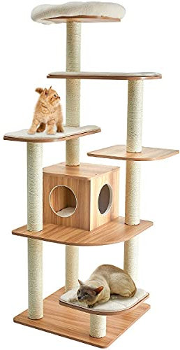 COSTWAY Árbol para Gatos de 175 cm, Torre para Gatos de Madera, con Plataformas Multinivel, Rascadores y Columnas de Cuerdas de Sisal, Casa para Gatos Recubierta en Tejido Afelpado, Natural