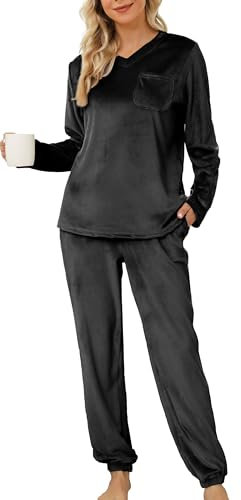 Lovasy Pigiama Donna in Pile Invernale Caldo Morbido e Confortevole Pigiama a Maniche Lunghe con Scollo a V Set Pigiami Due Pezzi Leggero con Tasche,C Nero,XXL