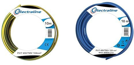 Electraline 13241 Cavo Unipolare FS17, 10 mt, sezione 1x4 mm² adatto per cablaggi di quadri elettrici + Electraline 13231 Cavo Unipolare FS17, Sezione 1 x 4 mm², Blu, 10 m
