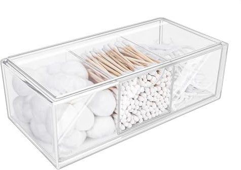 Dooclib Boite coton tige en acrylique 3 Compartiment,Rangement coton tige transparent,Mini organisateur tiroir rangement plastique,pour coiffeuse, rangement et organisation de la salle de bain
