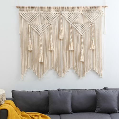 Tagtight Makramee Vorhang, Gewebte Wandteppich Boho Wanddeko, Beige Wandteppich Chic Wandbehang mit Quaste für Wohnzimmer, Schlafzimmer, Hochzeit Hintergrund Wandkunst, 120 * 100cm