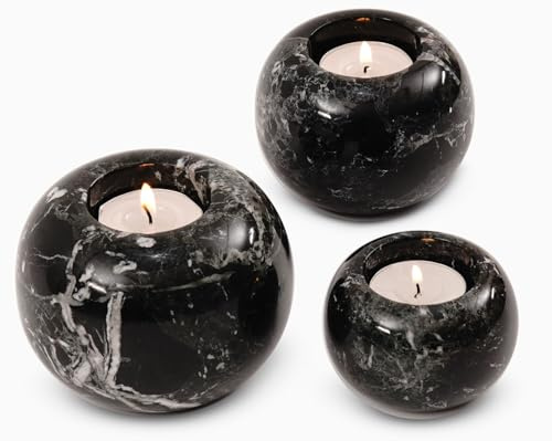 Teelichthalter, 3 Stück, Schwarz | Handgefertigtes schwarzes Set mit 3 Stein-Kerzenhalter für Raumdekoration, dekorative Teelichter, Esstischdekoration