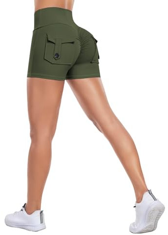 Vertvie Gym Shorts Damen Booty Scrunch V Bund Sport Shorts mit Taschen Hinten Push Up Kurze Leggings Sporthose Radlerhose Fitness Workout V Cross Yoga Pants(Armeegrün,L)