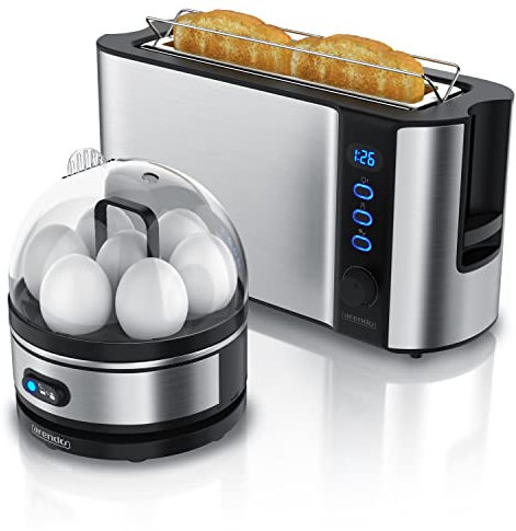 arendo Set Ensembles Grille-Pain FRUKOST et cuiseur à Oeufs SEVENCOOK INOX Gris, Grille-Pain 2 tranches écran LED 6 degrés de brunissage Support viennoiserie Cuiseur à Oeufs 1-7 Oeufs Verre doseur