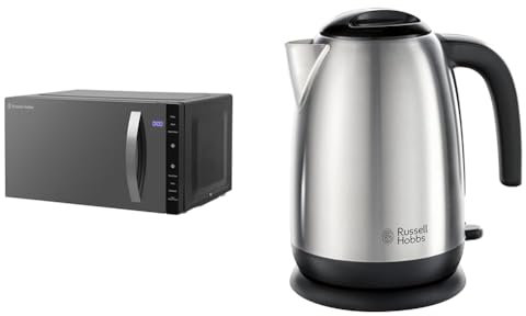Russell Hobbs RHFM2363B 23 L 800 W Black Digital Flatbed Solo Freestanding Microwave & Brushed Stainless Steel & Black Electric 1.7L Cordless Kettle with black handle
