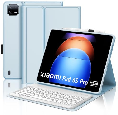 SENGBIRCH Coque Clavier pour Xiaomi Pad 6s Pro 12.4'' 2024 - AZERTY Français Clavier avec Fente pour Stylo, Détachable sans Fil Bluetooth pour Xiaomi Pad 6s Pro 12.4'', Bleu Clair