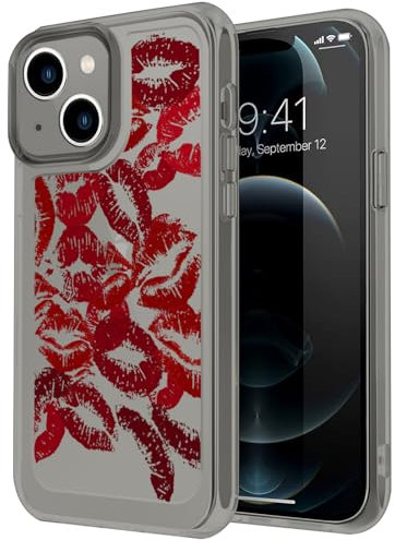 Monsully Black Translucent Case for iPhone 14, Heart Lip Print Halloween Pattern Phone Case Slim Hard Back with Shockproof Non-Slip Soft TPU Silicone Bumper for iPhone 14 6.1