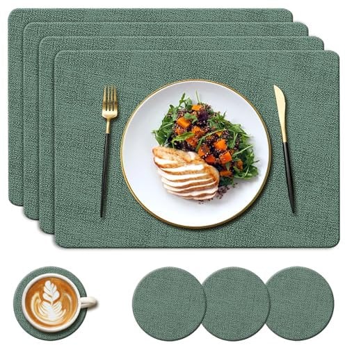 YUNJUER Leather Place mats and Round Coasters Set, Heat-Resistant 212 °F, Non-Slip and Waterproof, Easy to Clean, PU Table Mats for Kitchen, Home, Restaurant, Dining Table, 8 Pieces, 43x30cm, (Green)