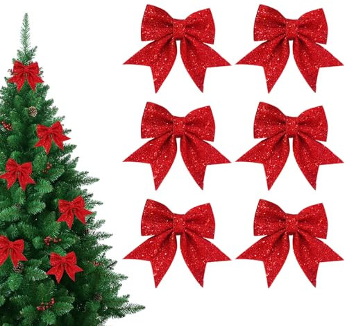 6 pcs Lazos Rojos de Navidad, Lazos de Decoracion, Lazos Arbol de Navidad,Lazos Rojos arbol Navidad, Decoracion de Arbol Navidad Lazos, Adecuado para Decorar Familiares, Fiestas Navideñas, Bodas