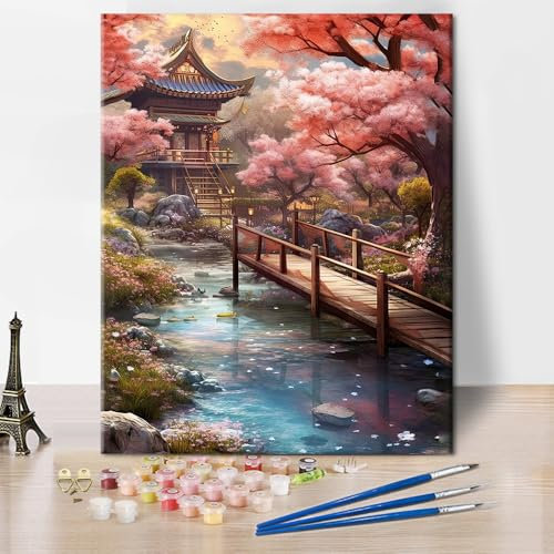 TISHIRON Peinture par numéros - Kit de construction pour adultes - Cerise - Peinture acrylique par numéros - Avec pinceaux - Peinture à l'huile - Mur de maison - 40 x 50 cm - Sans cadre