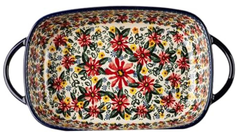 Ceramic Baking Dishes, 10.9x7.5inch Floral Pattern Baking Dish with Handles, Vintage Rectangle Casserole Dish, Casserole Dishes for Oven Cooking Kitchen