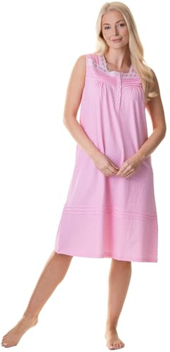 Camille 100% Cotton Sleeveless Women's Nightie | Below Knee Length Nightdress | Comfortable & Breathable Traditional Nighty With Button Fastening | Classic Nightwear | Pink 14-16