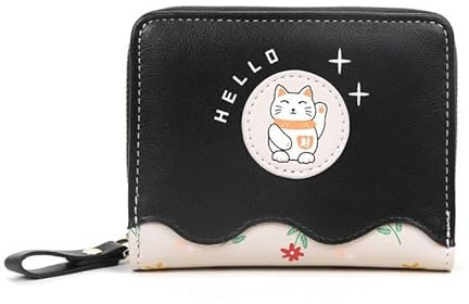 Bimhan Portemonnaie Damen Klein, Geldbörse Damen Klein Viele Fächer, Portmonee Kinder mit Großes Münzfach, Geldbeutel Kinder mit Cute Katzenmotiv (Schwarz)