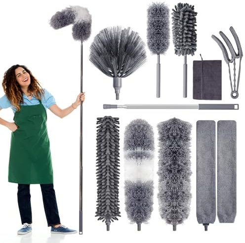 Staubwedel Teleskop Waschbar, Mikrofaser Staubwischer Ausziehbar bis 250 cm, Spinnwebenbesen mit Teleskopstiel, Staubbesen mit Verbiegbare Eckbesen, für Decken, Spinnweben, Deckenventilatoren, Lücken