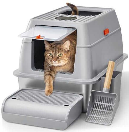 The Fellie Stainless Steel Cat Litter Box, XL Large High Sided Cat Litter Tray with Lid, Odor Free, Non-Sticky, Easy Cleaning Metal Pan for Cats, Include Scoop & Pedal, 60x40x40cm, Grey