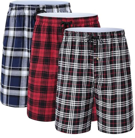Huayuzh Lot de 3 pantalons de pyjama courts en coton pour homme - À carreaux - Doux et respirant - Poches - Boutonnière, Lot de 3 - 02, L
