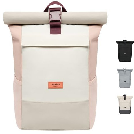 LARKSON Rucksack Damen Herren Beige Rosa - No 4 - Rolltop Backpack mit Laptopfach Uni, Arbeit & Fahrrad - Großer Reiserucksack - Wasserabweisend