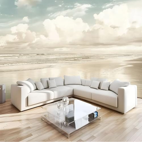 JEDTAKCT Fototapete Beiger Strand 350X256Cm - Seidetapete - Wandtapete - Meereswellen Himmel Art Fototapete - Wand - Wandbilder Schlafzimmer Wohnzimmer Bildtapete Foto Tapete