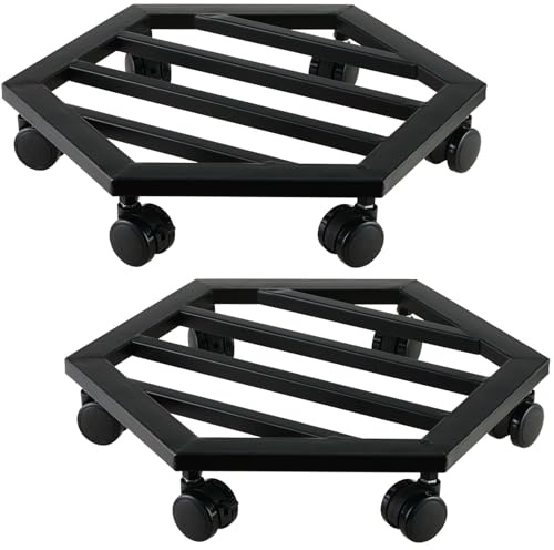 2 Packs 13 inches Large Metal Plant Caddy with Wheels Rolling Plant Stands Heavy-duty Wrought Iron Plant Roller Movers Indoor Outdoor Wheeled Plant Dolly with Casters Tray Coaster, Hexagon black