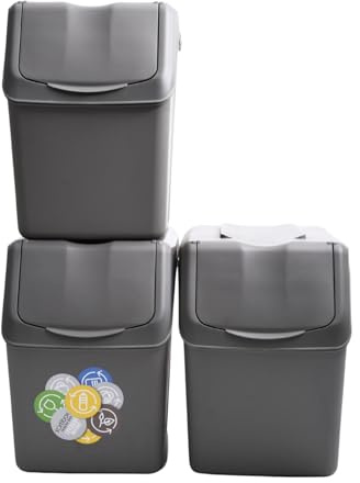 Sorting Bins Recycling Segregation Waste Stackable Set Lidded with Stickers Dustbins 25L 20L 35L Grey (3x 20L)