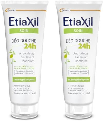 ETIAXIL - Déo-Douche - Gel Douche Transpiration Excessive - Corps - Peaux sensibles - Citron jaune et Listée - 200 ml (Lot de 2)