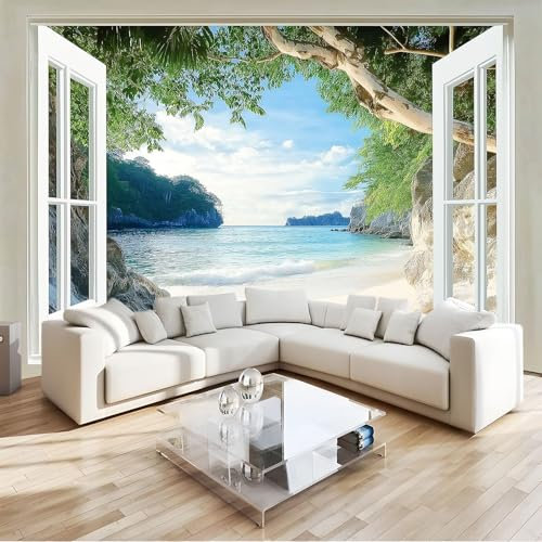Wall Mural Wallpaper Window View Tropical Beach Premium Non-Woven Green Art Photo Decals, for Home Interiors Kids Bedroom Décor W300 X H210 Cm