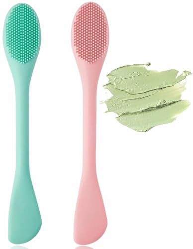 Lot de 2 Silicone Visage Brosse Masque, Brosses Nettoyantes pour Pores Brosses Double Taille 2 en 1 Brosse Nettoyante Visage, Pinceau Masque Double Embout, Pinceau Nettoyant (Vert+Rose)
