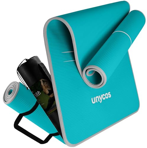 unycos - Rutschfeste Yogamatte | Hohe Dichte 10 mm | 183x66 cm | Gymnastikmatte mit Tragegurt und Schultergurt【inkl. E-Book】Hautfreundliche Fitnessmatte für Pilates, Gym (Cian/Grau)