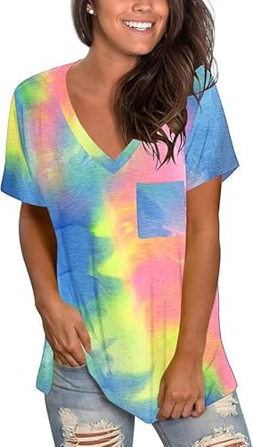 MOLERANI T-Shirt été Femme Basique col V Manches Courtes Motif Feuille (3XL, Rose Jaune Bleu)