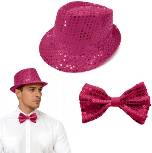 Rosa Pailletten Hut Und Rosa Paillettenfliege, Unisex, Disco Outfit, Accessoire, Karneval, Glitzer Hut Herren, Kostüm, Themenparty, Mottoparty