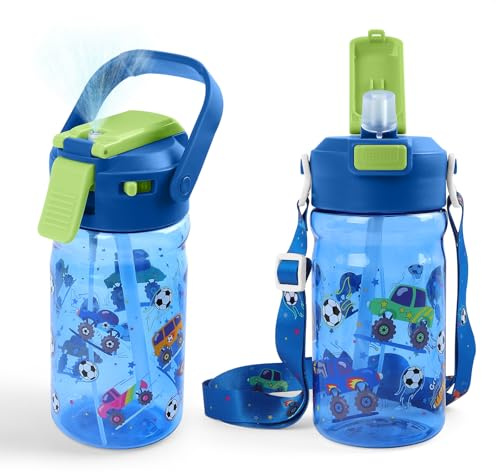 Foyucool Kids Misting Water Bottle with Straw | 600ml Leakproof Drinks Bottle for School & Outdoors, Features Blue Tractor Design, Secure Lock and Detachable Carry Strap