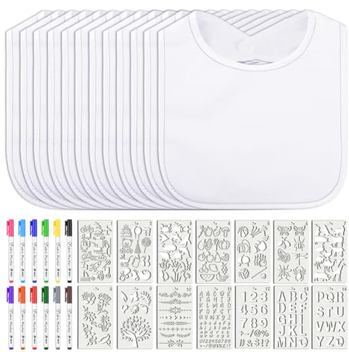 Vicloon Baby Lätzchen zum Bemalen, 12 Stück Weiß Babylätzchen baumwolle zum Bemalen mit 12 Textilstifte und 14 Malen Schablonen, Geschenk für Babyshower Party DIY, für Mädchen/Junge (30 * 20 cm)