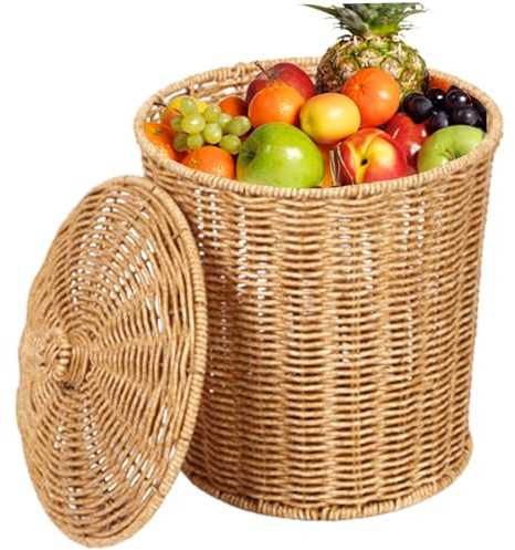 Cesta de mimbre con tapa, cubo de basura tejido redondo, almacenamiento de ropa para dormitorio, baño, 9x11 pulgadas