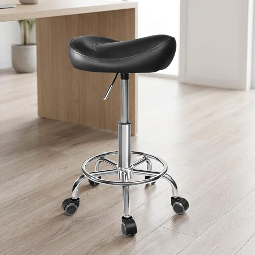 BugyKido Sattelhocker Ergonomisch, 150 kg belastbarer höhenverstellbarer (48-57 cm) Drehhocker Arbeitshocker, ergonomischer verdickter PU-Leder-Drehsattelstuhl für Salon Spa Massage Klinik (Schwarz)