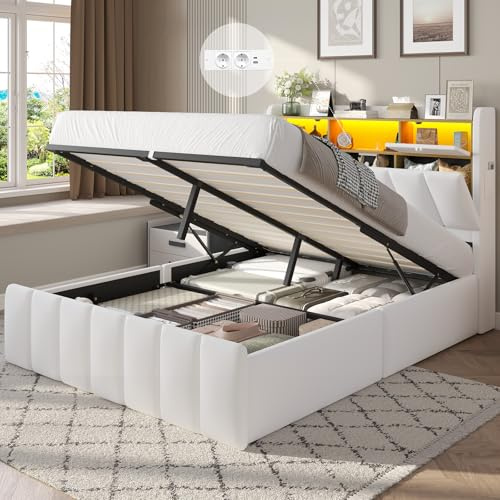 DICTAC Bett 140x200 mit Lattenrost & LED Beleuchtung – Stauraumbett mit Bettkasten, Polsterkopfteil & USB Ladestation – Weißes Polsterbett 140x200, Doppelbett für Jugendliche & Erwachsene