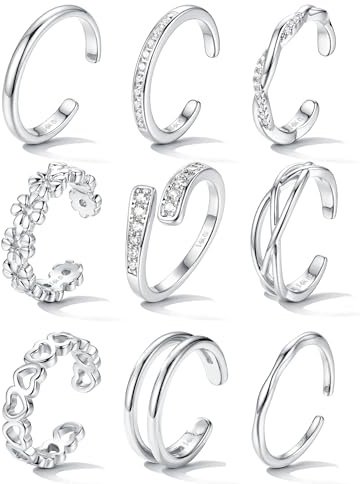 JeweBella 9 Stück 14K Gold Zehenring für Damen Verstellbar Offene Zehenringe Set Wasserfest Toe Ring Zirkonia Herz Blume Fußring Kleiner Finger Ringe Fussringe Sommer Strand Fußschmuck Gold Silber