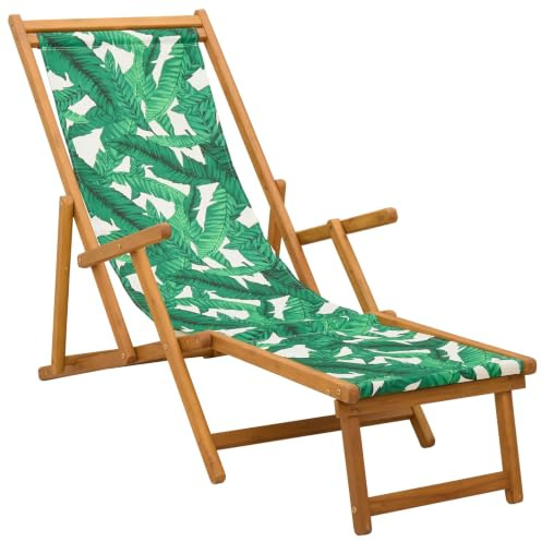 HFXHIJXQ Chaise Longue Pliante en Bois d'Eucalyptus Massif avec Repose-Pieds Intégré, Transat de Jardin Motif Feuilles Réglable 3 Positions pour Balcon, Terrasse et Piscine