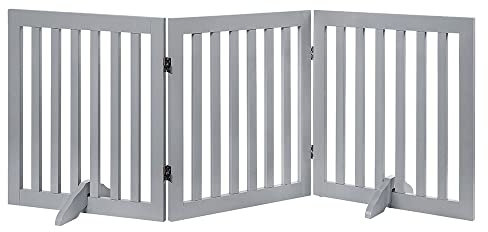 unipaws Freistehendes Absperrgitter Hund, Treppenschutzgitter ohne Bohren, Holz Kindergitter Klappbar，Türgitter Hunde Kaminschutzgitter mit Füßen, Grau (3 Elemente, 61 cm Hoch)
