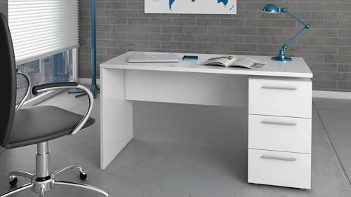 Dmora - Bureau Dallas, Bureau moderne, Table d'étude avec commode avec 2 tiroirs et 1 porte, 138x60h74 cm, Blanc