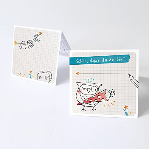 5 Tischkarten Set Platzkarten EINSCHULUNG EULE mit roter Schultüte mit SPIEL innenseitig, Namenskarten, Einschulung, Schulanfang Party