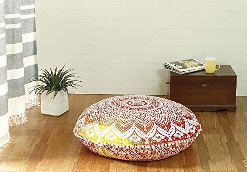 Popular Handicrafts Bodenkissenbezug – großer Hippie-Mandala-Pouf-Bezug rund mit Pompon, weiche Partikel, böhmisches Yoga-Dekor, aufwendiges Muster, 81,3 cm, rotes Feuer