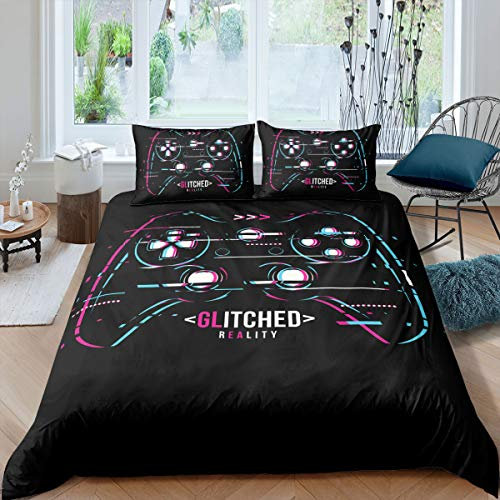 Gamepad Bedding Set for Boys Double Modern Gamer Comforter Cover Video Game Duvet Cover Kids Colorful Action Buttons Printed Quilt Cover Soft Microfiber Bedspread for Boys Girls Bedroom,Black