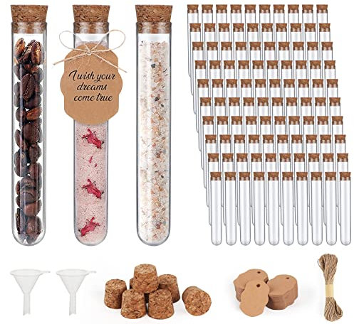 100 Stück Reagenzgläser Kunststoff Transparent Reagenzgläser Reagenzglas mit Korken100 Stück Aufzug + 20 m Hanfseil + 2 Stück Trichter, für DIY Craft Spices Liquids Sweets Candy