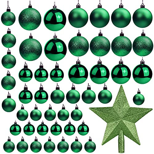 Belle Vous 50 Pack Christmas Baubles - Assorted Size Glittery Green Baubles with Star Tree Top - Xmas Tree Ball Hanging Ornaments for Christmas Decorations Holiday Party Indoor & Outdoor Decorations