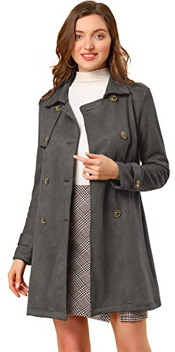 Allegra K Women's Notched Lapel Double Breasted Faux Suede Trench Coat Jacket with Belt Dark Gray S