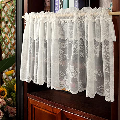 WRMING Weiß Scheibengardine küche Landhausstil Vintage Bistrogardine Kurzstores Gardinen mit ösen Spitze Kurze Vorhänge Càfe Vorhang Küchenvorhang, 1 Stück,W x H 100x50cm