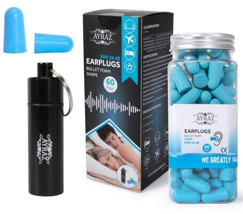 AYRAZ Ear Plugs for Sleep 60 Pairs - 38 dB Silicone Ear Plugs for Sleeping Soft Reusable Comfortable with Highest SNR Suitable for Snoring Studying Travel Loud Noise