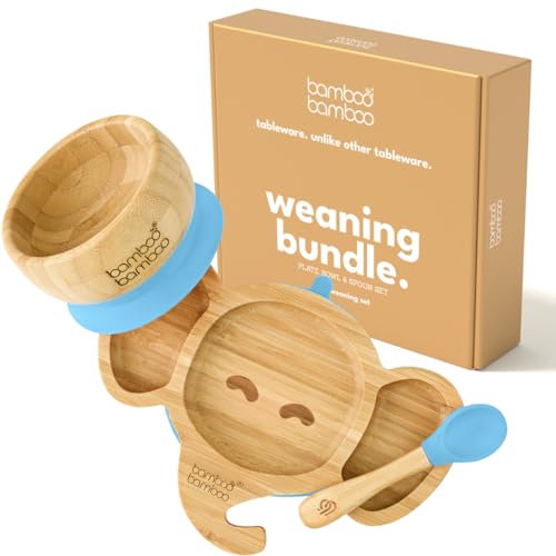 bamboo bamboo Elefant-Saugplatte für Babys - Leistungsstarke abnehmbare Saugbasis - Natürliche Bambus-BPA-freie Kleinkindplatten für Aufenthaltsfüttern (Elefant, Blau)