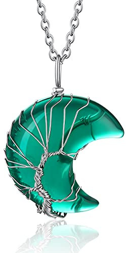 Bestyle Collar de Árbol de la Vida Collar con Colgante de Luna Collar con Colgante Piedra Nacimiento Natural de Esmeralda Mayo Collar Ajustable Acero Inoxidable 51cm+5cm Collares para Regalo